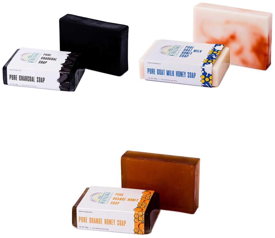 Nirvaana Handmade Natural Assorted Soap Set (Charcoal GoatMilk Honey Orange Honey) Pack of 3
Nirvaana Handmade Natural Assorted Soap Set (Charcoal GoatMilk Honey Orange Honey) Pack of 3