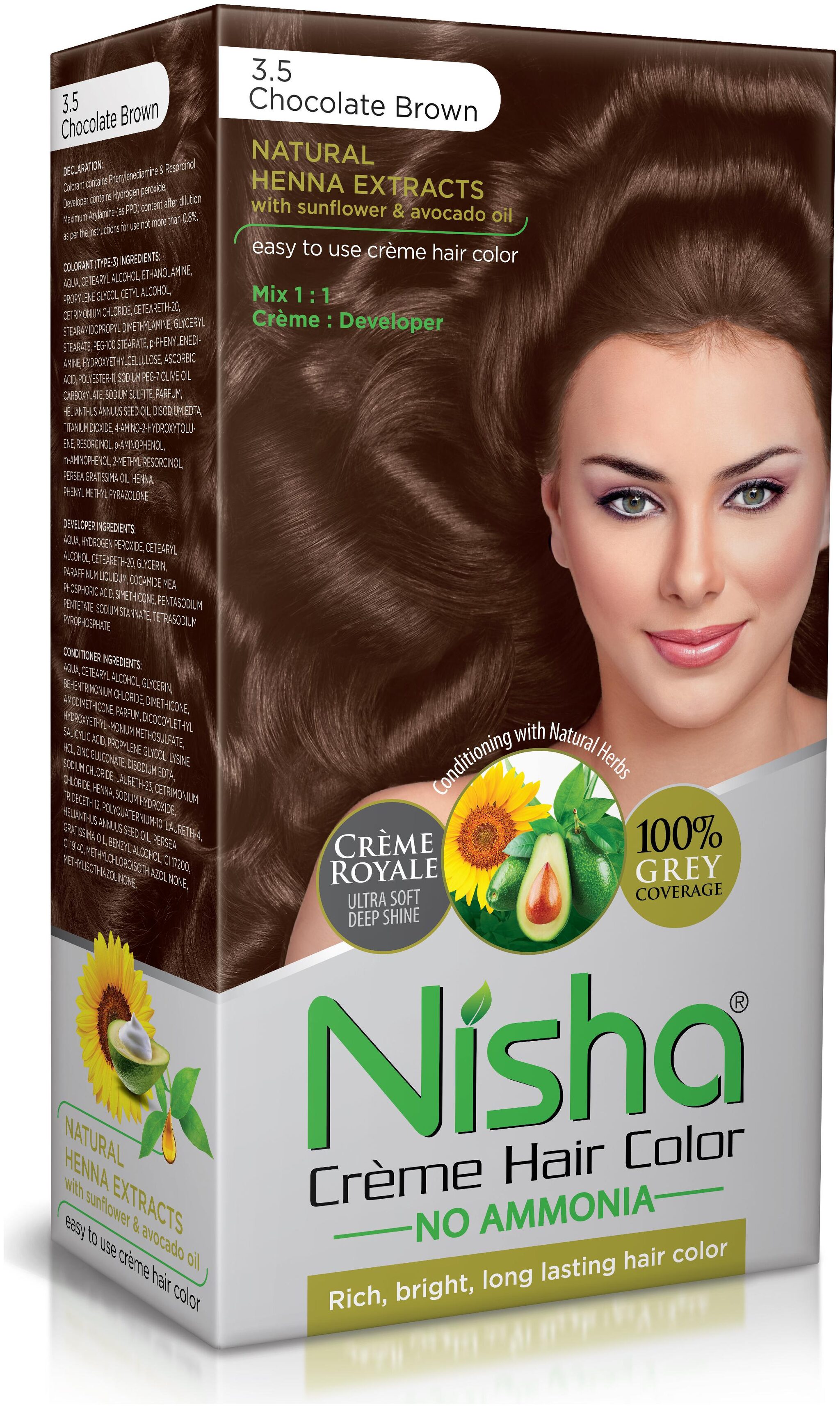 Nisha Cream-Based Hair Color (60g Colourant 60ml developer 18ml Nisha Conditioner with Natural Herbs) Chocolate Brown 3 5
Nisha Cream-Based Hair Color (60g Colourant 60ml developer 18ml Nisha Conditioner with Natural Herbs) Chocolate Brown 3 5