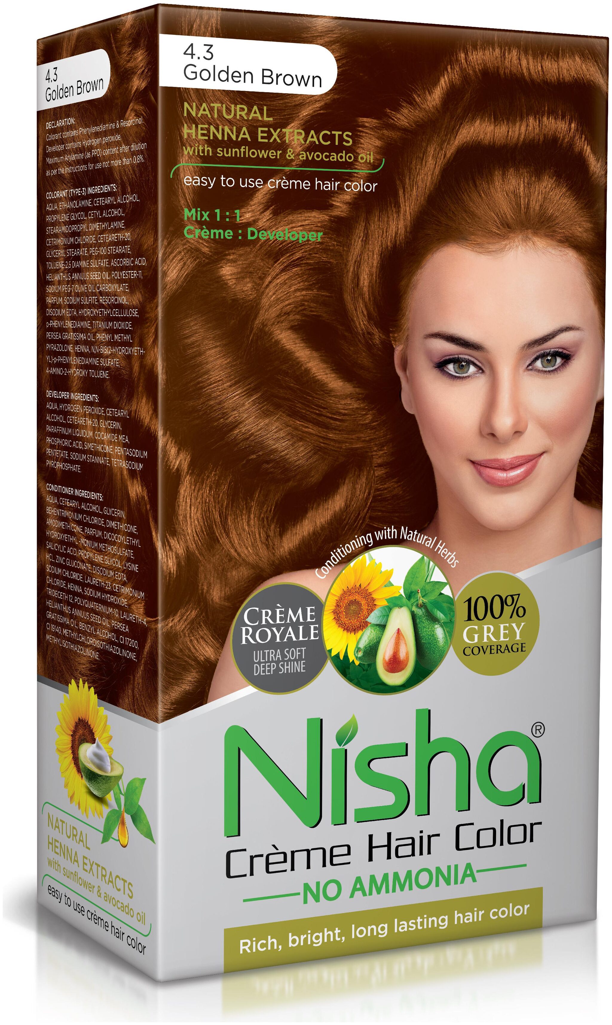 Nisha Cream-Based Hair Color (60g Colourant 60ml developer 18ml Nisha Conditioner with Natural Herbs) Golden Brown 4 3
Nisha Cream-Based Hair Color (60g Colourant 60ml developer 18ml Nisha Conditioner with Natural Herbs) Golden Brown 4 3