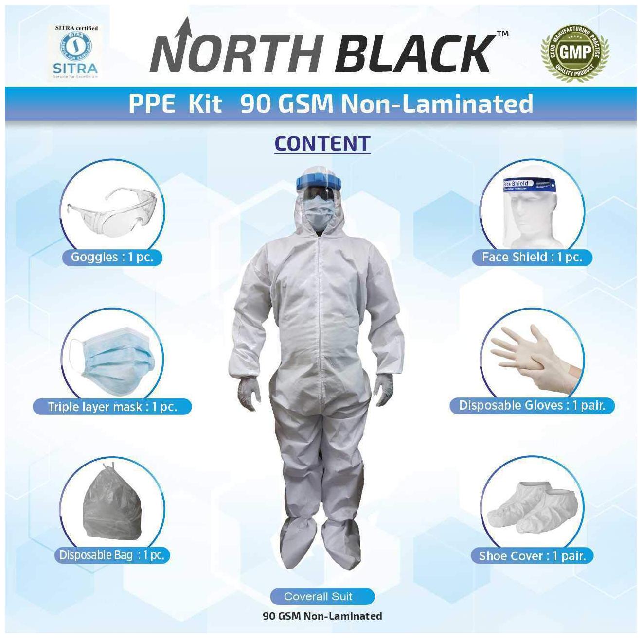 North Black Sitra Certified Medical Ppe Kit Non Laminated Full Body Coverall Hood Gloves Shoe Cover Face Mask Shield Comfortable Disposable Airport Hospitality Use 90 Gsm Free Size (Pack of 1)
North Black Sitra Certified Medical Ppe Kit Non Laminated Full Body Coverall Hood Gloves Shoe Cover Face Mask Shield Comfortable Disposable Airport Hospitality Use 90 Gsm Free Size (Pack of 1)