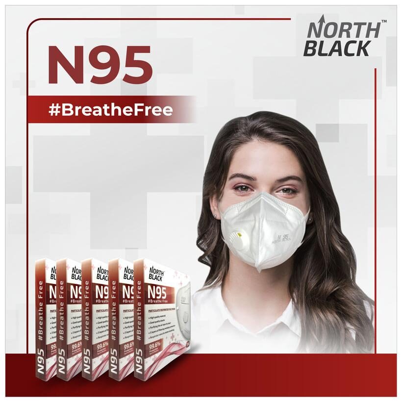 NORTH BLACK Anti Pollution Activate N95 Mask SITRA Certified 5 Layer Filter Respiratory Valve Droplets Breathable Reusable Disposable Pack of 5
NORTH BLACK Anti Pollution Activate N95 Mask SITRA Certified 5 Layer Filter Respiratory Valve Droplets Breathable Reusable Disposable Pack of 5