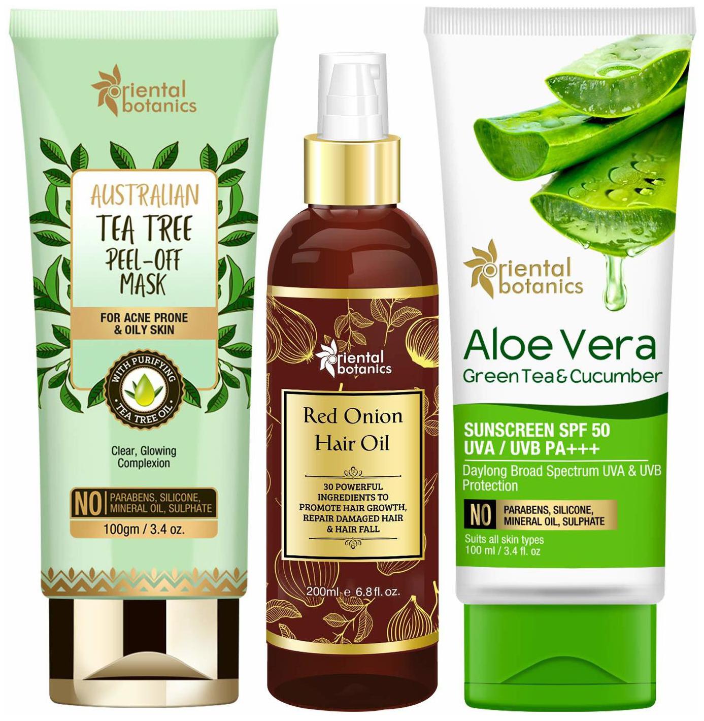 Oriental Botanics Hair Skin Combo Tea Tree Peel Off Mask 100g Onion Hair Oil 200ml Aloe Vera Sunscreen 100ml Pack of 3
Oriental Botanics Hair Skin Combo Tea Tree Peel Off Mask 100g Onion Hair Oil 200ml Aloe Vera Sunscreen 100ml Pack of 3
