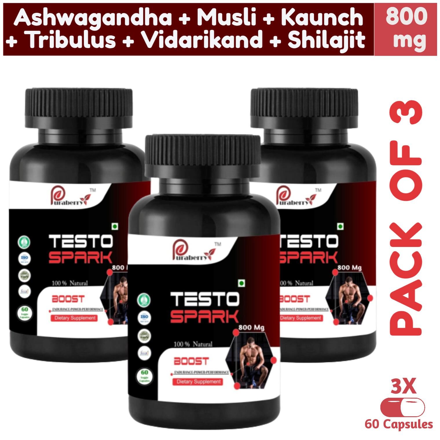 Puraberry Testo Spark 800Mg- Natural Testosterone Booster Supplement 60 Vegetarian Capsule - Pack Of 3
Puraberry Testo Spark 800Mg- Natural Testosterone Booster Supplement 60 Vegetarian Capsule - Pack Of 3