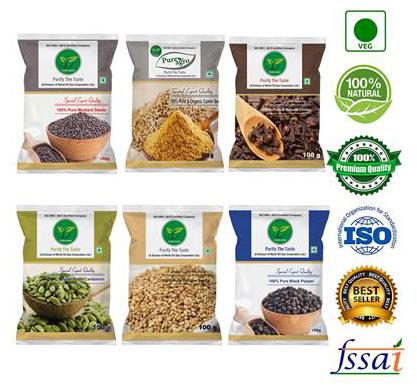 Pure Agro Kitchen Masala Pack of 6 (Green Cardamom Clove Black Pepper Mustard Seeds Sesame seeds Cumin Seeds 100g each )
Pure Agro Kitchen Masala Pack of 6 (Green Cardamom Clove Black Pepper Mustard Seeds Sesame seeds Cumin Seeds 100g each )