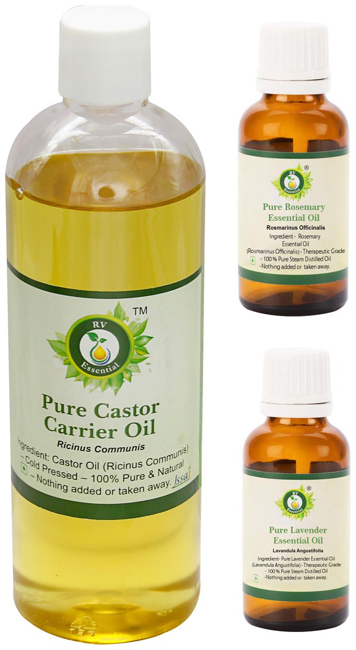R V Essential Castor Carrier Oil (100ml) With Lavender (10ml) and Rosemary (10ml) Essential Oil- 100 Pure Natural 
R V Essential Castor Carrier Oil (100ml) With Lavender (10ml) and Rosemary (10ml) Essential Oil- 100 Pure Natural