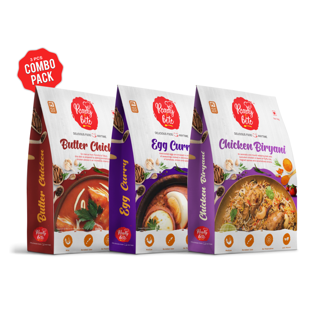 Ready 2 Bite Ready to Eat Butter Chicken 300 g Chicken Biryani 250 g and Egg Curry 300 g Combo ( Pack of 3 )
Ready 2 Bite Ready to Eat Butter Chicken 300 g Chicken Biryani 250 g and Egg Curry 300 g Combo ( Pack of 3 )