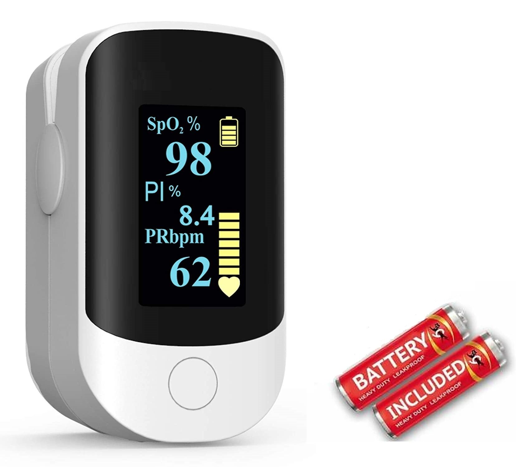 RVS Premium White Fingertip Pulse Oximeter SpO2 Blood Oxygen Saturation Monitor with Plethysmograph PI Four Directional OLED Display with Batteries and Lanyard (White Pack of 1)
RVS Premium White Fingertip Pulse Oximeter SpO2 Blood Oxygen Saturation Monitor with Plethysmograph PI Four Directional OLED Display with Batteries and Lanyard (White Pack of 1)