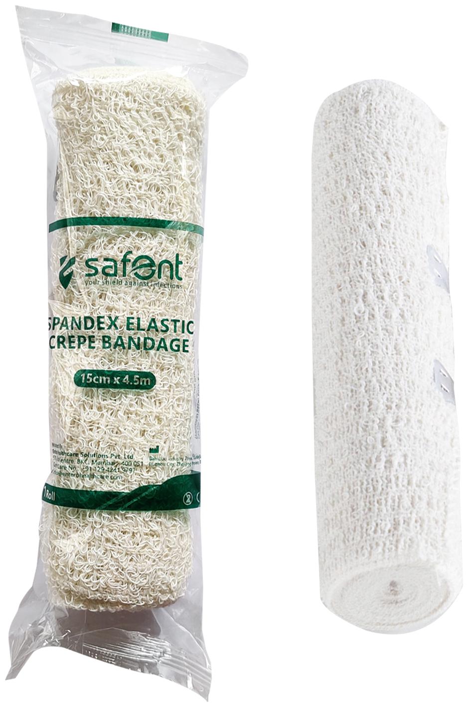 Safent Spandex length Elastic Crepe Bandage (Natural White Color) - 6 Inch (breadth 15cm x length 450Cm) (Pack Of 1)
Safent Spandex length Elastic Crepe Bandage (Natural White Color) - 6 Inch (breadth 15cm x length 450Cm) (Pack Of 1)