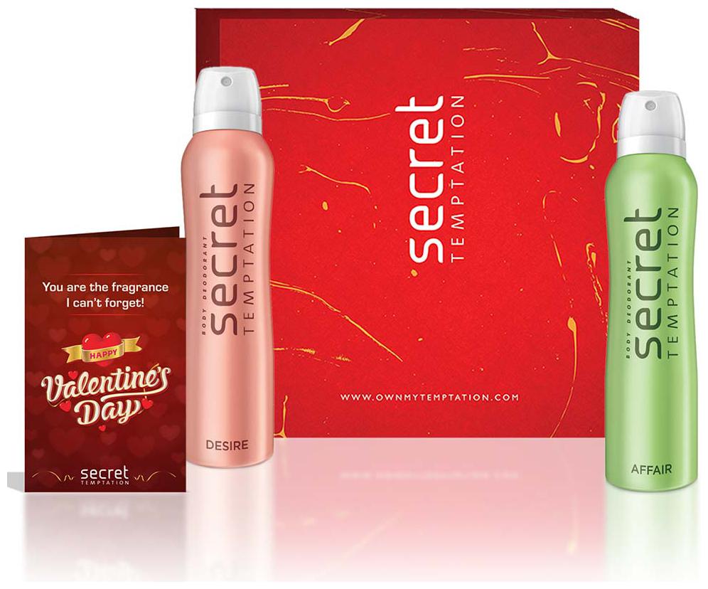 Secret Temptation Valentine Gift Box 1 X Valentine Greeting Card with with Affair -150ml and Desire Deodorant -150ml (Pack of 3)
Secret Temptation Valentine Gift Box 1 X Valentine Greeting Card with with Affair -150ml and Desire Deodorant -150ml (Pack of 3)