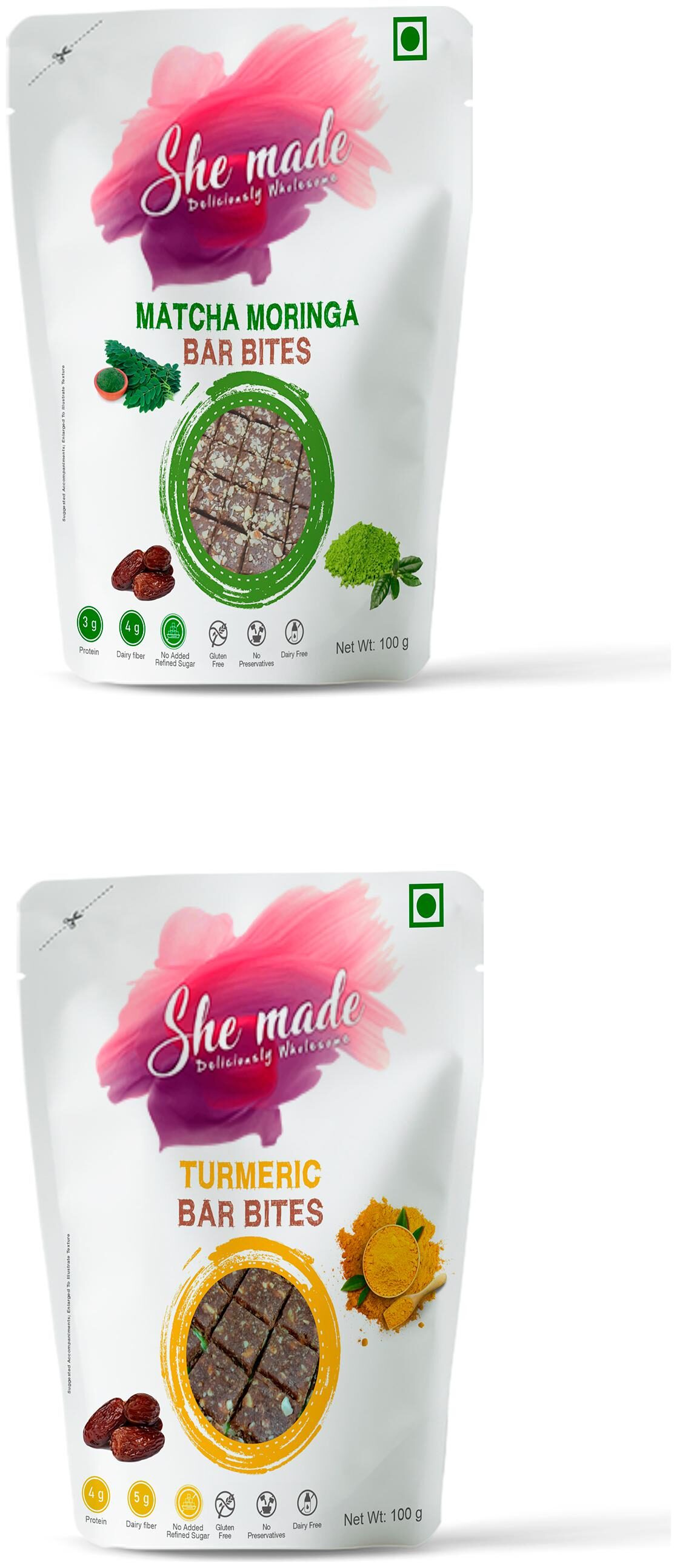 She Made Assorted Bar Bites 200g (Tumeric-100g Matcha moringa-100g)(Pack of 2) Energy Nutrition Bar Minis Gluten-free Vegan Diet and Healthy Snacks Immunity Boosting
She Made Assorted Bar Bites 200g (Tumeric-100g Matcha moringa-100g)(Pack of 2) Energy Nutrition Bar Minis Gluten-free Vegan Diet and Healthy Snacks Immunity Boosting