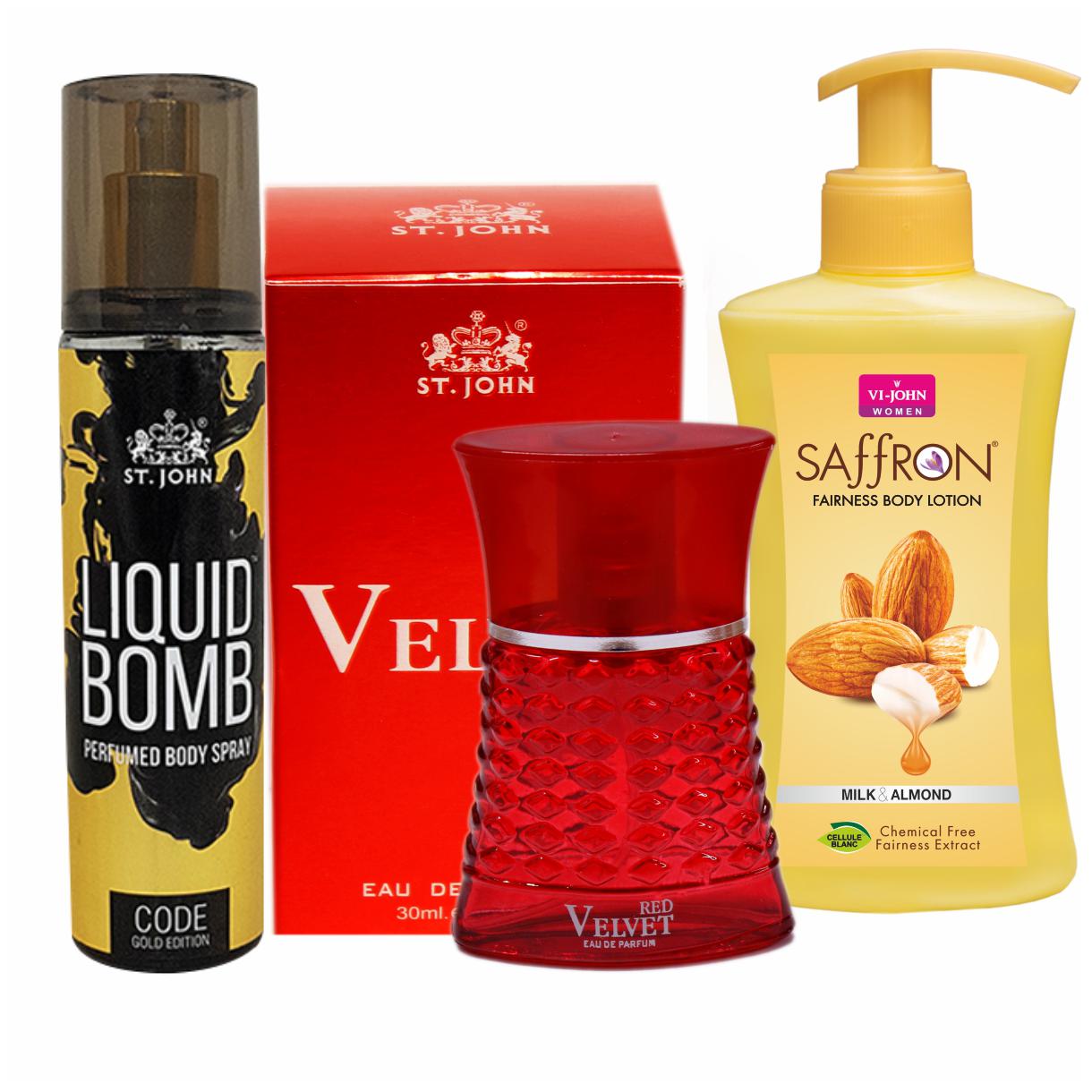 ST-JOHN Women Care Kit (Body Lotion Milk Almond 250ml Perfume Midnight Red 30ml Deo Gold Edition Code 150ml)
ST-JOHN Women Care Kit (Body Lotion Milk Almond 250ml Perfume Midnight Red 30ml Deo Gold Edition Code 150ml)