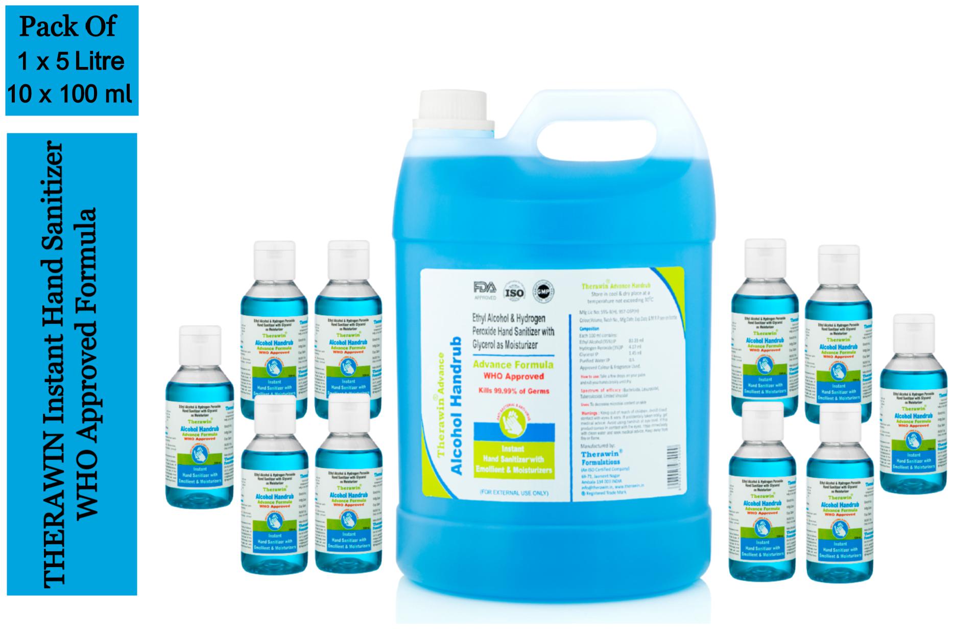 Therawin Alochol Based Hand Sanitizer Family Kit 5 ltr Sanitizer 100 ml X 10 (Pack of 11)
Therawin Alochol Based Hand Sanitizer Family Kit 5 ltr Sanitizer 100 ml X 10 (Pack of 11)