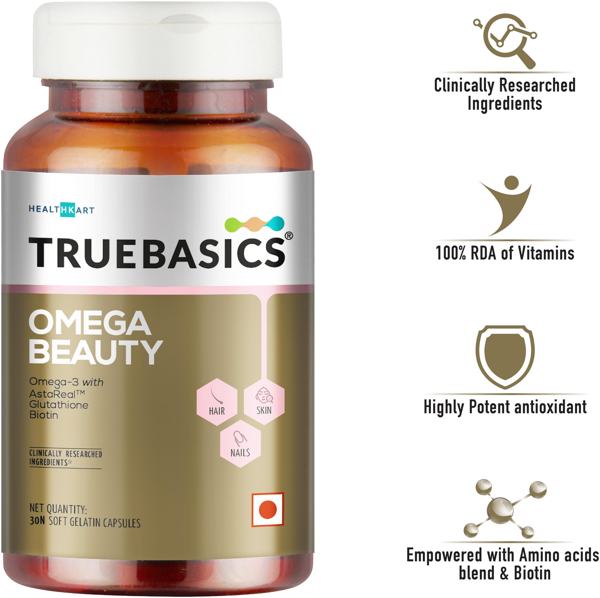 TrueBasics Omega Beauty Advanced Formula with Omega-3 Fish Oil Astaxanthin (AstaReal) Biotin and Glutathione Enhanced with Amino Acids Blend and Complete RDA of All Vitamins (30 Softgel Capsules)
TrueBasics Omega Beauty Advanced Formula with Omega-3 Fish Oil Astaxanthin (AstaReal) Biotin and Glutathione Enhanced with Amino Acids Blend and Complete RDA of All Vitamins (30 Softgel Capsules)