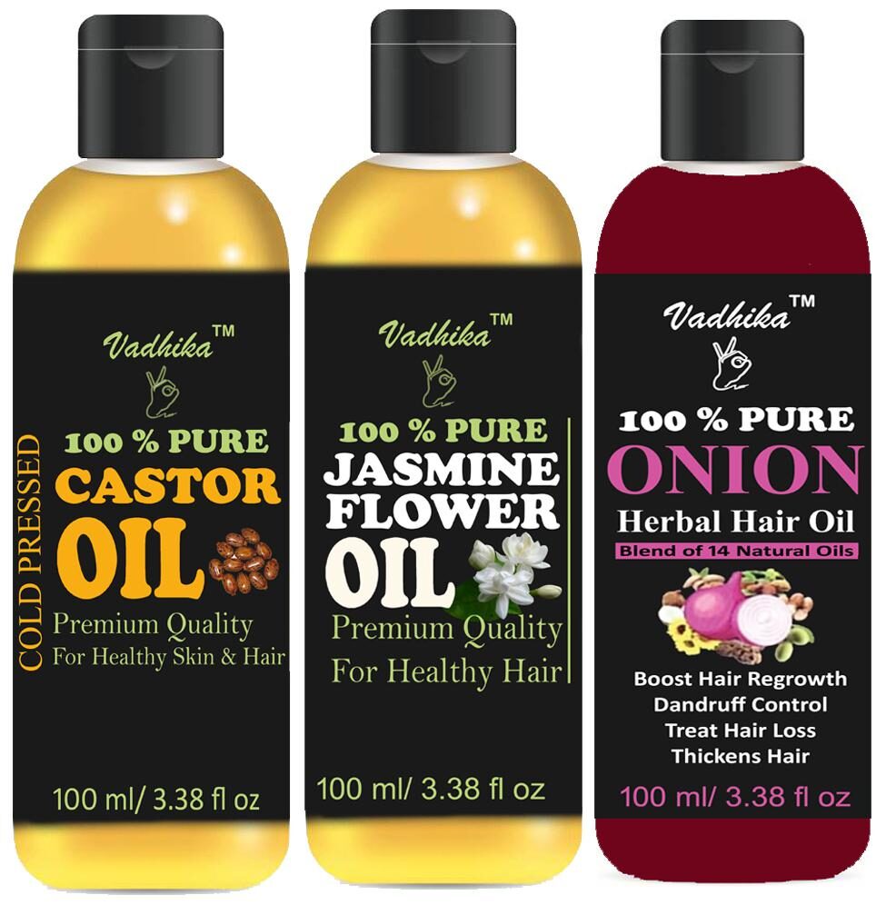 Vadhika 100 Pure Castor Oil And Jasmine Flower Oil ONION Oil (100ml each)Pack of 3
Vadhika 100 Pure Castor Oil And Jasmine Flower Oil ONION Oil (100ml each)Pack of 3