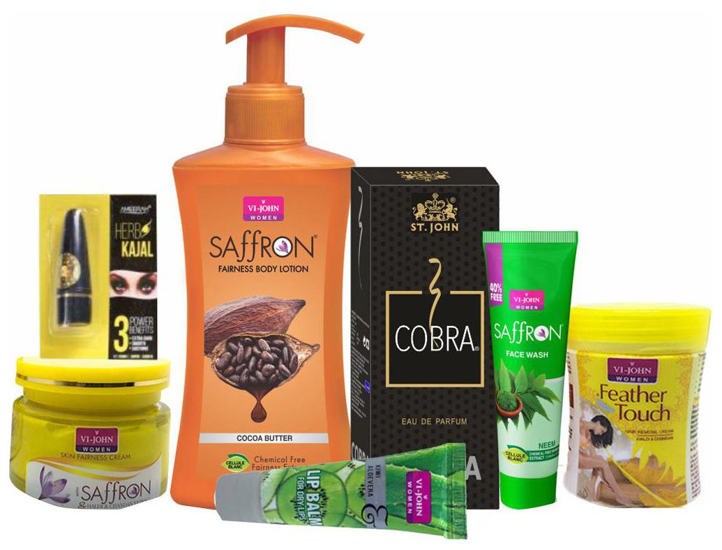 VI-JOHN Gift Set For Women ( Body Lotion 250 ml Cobra Perfume 30 ml Saffron fairness Cream 50 g Hair Removal Cream 40 g Kajal 2 5 g Face Wash 21 ml Lip Balm 10 g)
VI-JOHN Gift Set For Women ( Body Lotion 250 ml Cobra Perfume 30 ml Saffron fairness Cream 50 g Hair Removal Cream 40 g Kajal 2 5 g Face Wash 21 ml Lip Balm 10 g)