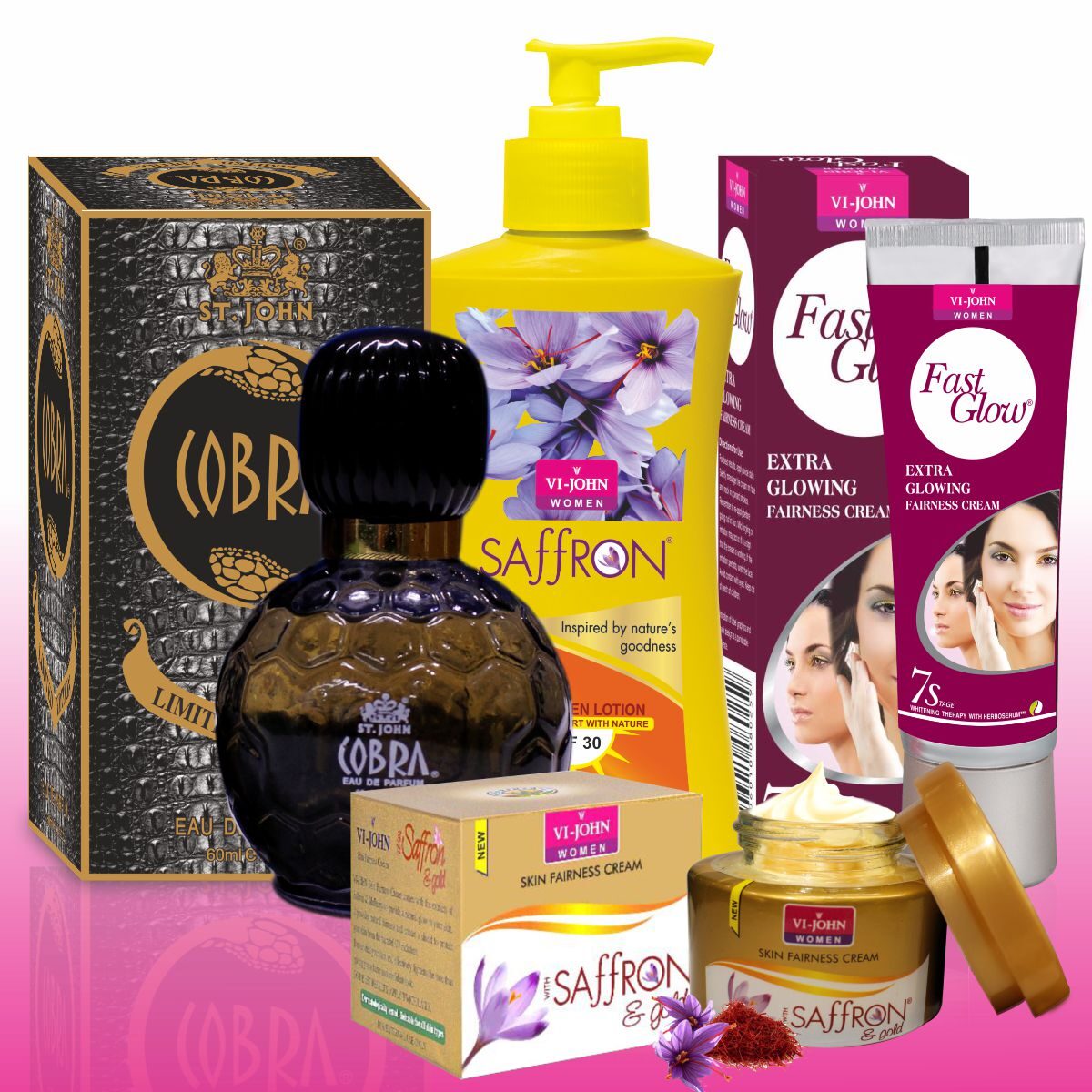 Vi-John Women Care Kit (Saffron Gold Cream 50 g Fast Glow Cream 50 g Perfume Cobra 60ml Body Lotion Aloevera 250 ml) (Pack of 4)
Vi-John Women Care Kit (Saffron Gold Cream 50 g Fast Glow Cream 50 g Perfume Cobra 60ml Body Lotion Aloevera 250 ml) (Pack of 4)