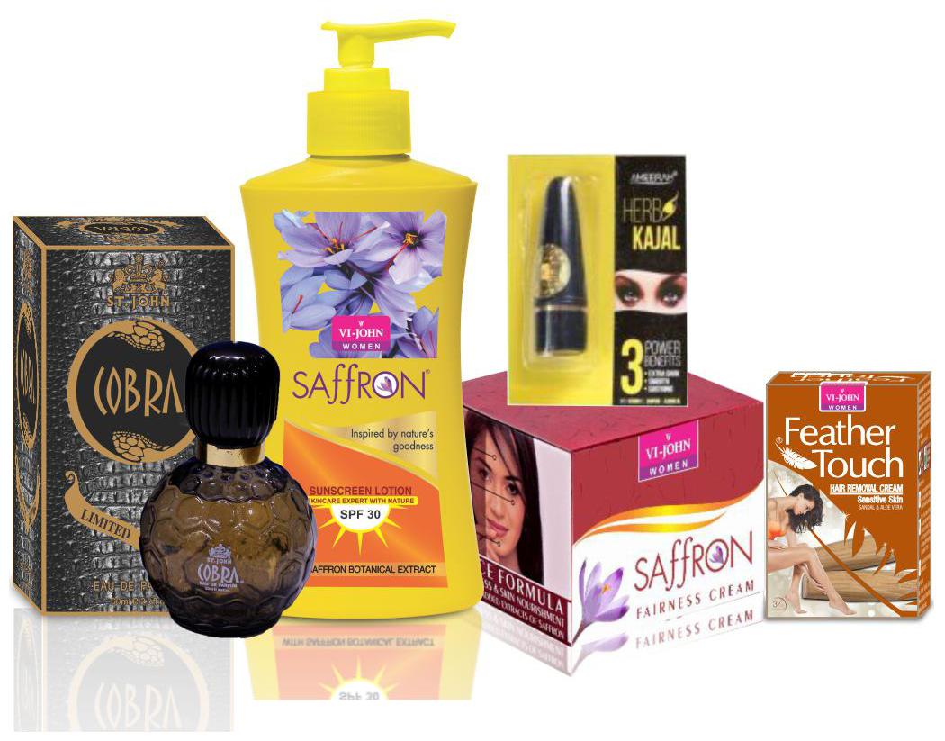 VI-JOHN Women Care Kit (Hair Remover Sandal 40 g ADVANCE FAIRNESS CREAM 50g SUNSCREEN BODY LOTION 250ml Perfume COBRA 60ml Kajal 2 5 g)
VI-JOHN Women Care Kit (Hair Remover Sandal 40 g ADVANCE FAIRNESS CREAM 50g SUNSCREEN BODY LOTION 250ml Perfume COBRA 60ml Kajal 2 5 g)