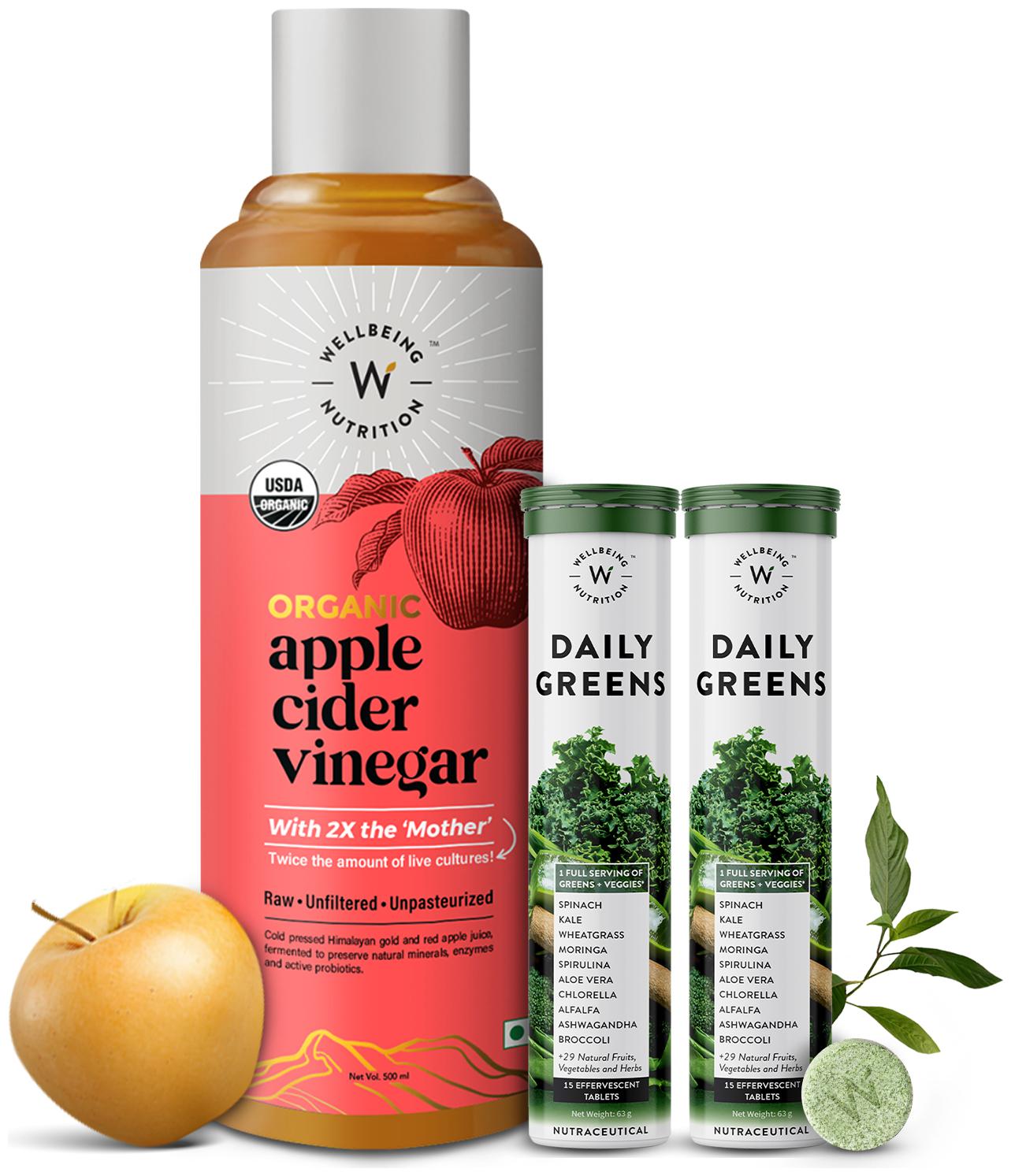 Wellbeing Nutrition USDA Organic Apple Cider Vinegar 500ml with 2X Mother Raw Unfiltered Unpasteurized Daily Greens-15 Tablets X 2 Whole Food Multivitamin (Immunity Kit Combo Pack)(Pack of 3)
Wellbeing Nutrition USDA Organic Apple Cider Vinegar 500ml with 2X Mother Raw Unfiltered Unpasteurized Daily Greens-15 Tablets X 2 Whole Food Multivitamin (Immunity Kit Combo Pack)(Pack of 3)