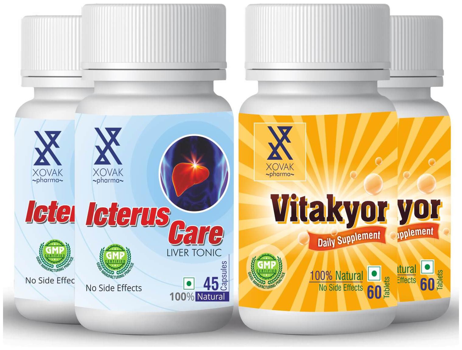 Xovak Pharma Icterus Care Vitakyor Combo For Ayurvedic Liver Care Tonic And Liver Protector With Multivitamins Combo 45 Tab x 2 And 60 tablets x 2 )( Pack of 4 )
Xovak Pharma Icterus Care Vitakyor Combo For Ayurvedic Liver Care Tonic And Liver Protector With Multivitamins Combo 45 Tab x 2 And 60 tablets x 2 )( Pack of 4 )