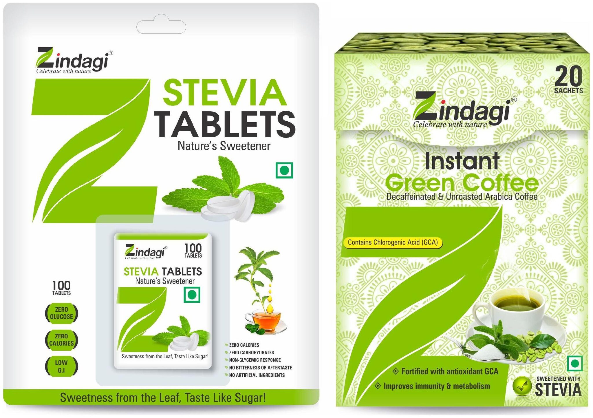 Zindagi Stevia Tablets With Instant Green Coffee Powder Sachets - Green Coffee Beans Powder - (Combo Pack) 200 g
Zindagi Stevia Tablets With Instant Green Coffee Powder Sachets - Green Coffee Beans Powder - (Combo Pack) 200 g