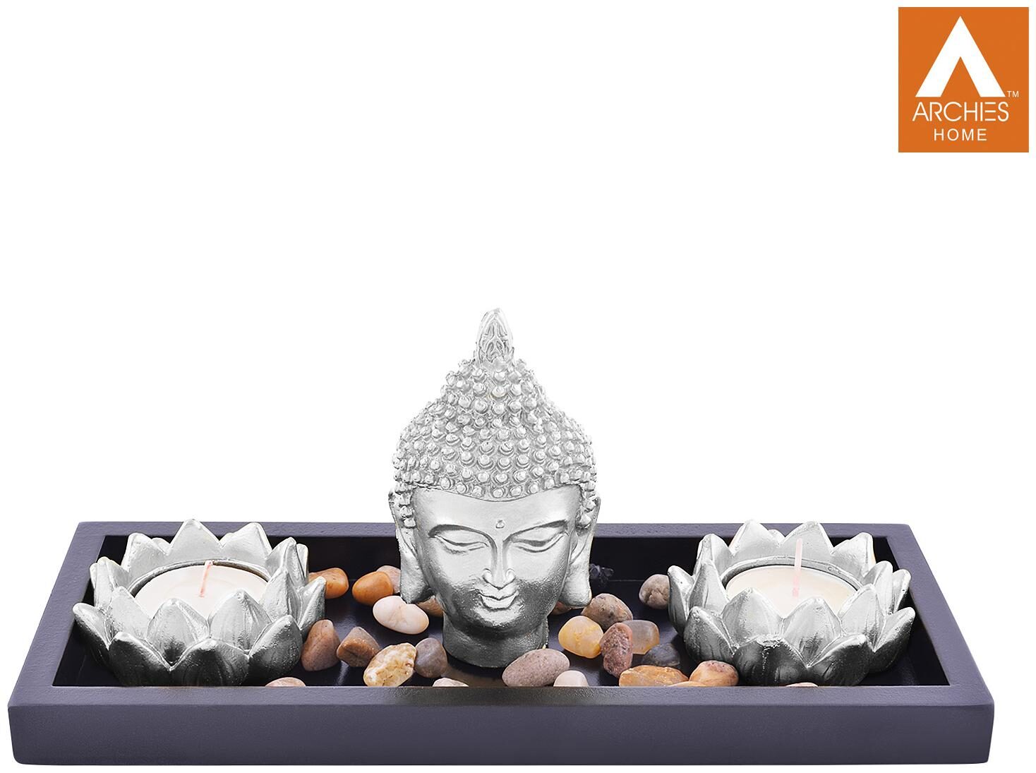 Archies Buddha Head Statue Set With Rectangular Wooden Plate (23 5X14 5Cm ) Pebble Stones 2 Lotus Mould Diya Silver Polyresin Decor Set Of 5
Archies Buddha Head Statue Set With Rectangular Wooden Plate (23 5X14 5Cm ) Pebble Stones 2 Lotus Mould Diya Silver Polyresin Decor Set Of 5
