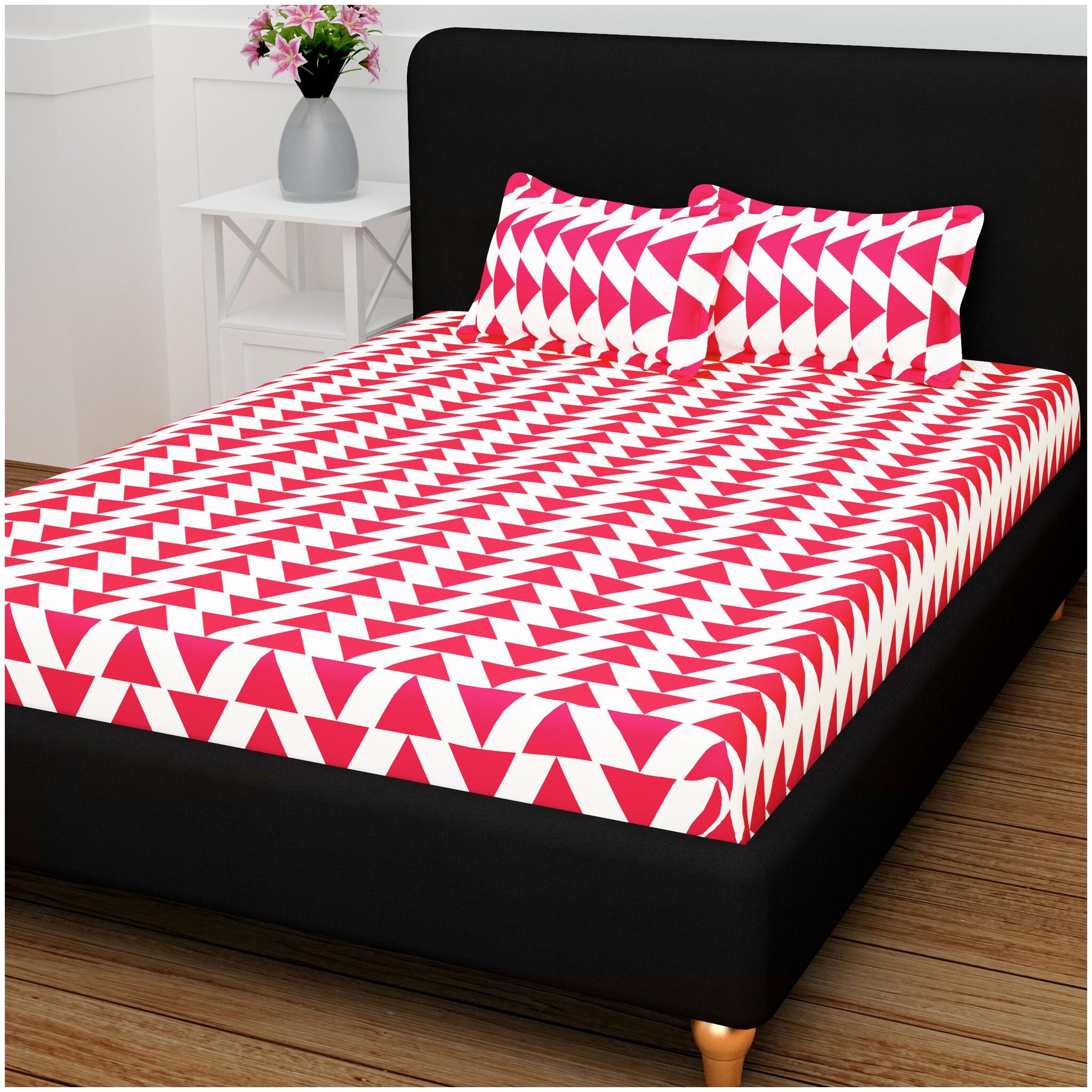 Bedspun Cotton Geometric Double Size Bedsheet 120 TC ( 1 Bedsheet With 2 Pillow Covers Pink )
Bedspun Cotton Geometric Double Size Bedsheet 120 TC ( 1 Bedsheet With 2 Pillow Covers Pink )