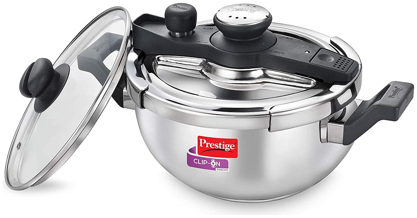 Prestige Clip on Svachh Stainless Steel 3 5 L Induction Bottom Outer Lid Pressure Cooker - Set of 1
Prestige Clip on Svachh Stainless Steel 3 5 L Induction Bottom Outer Lid Pressure Cooker - Set of 1