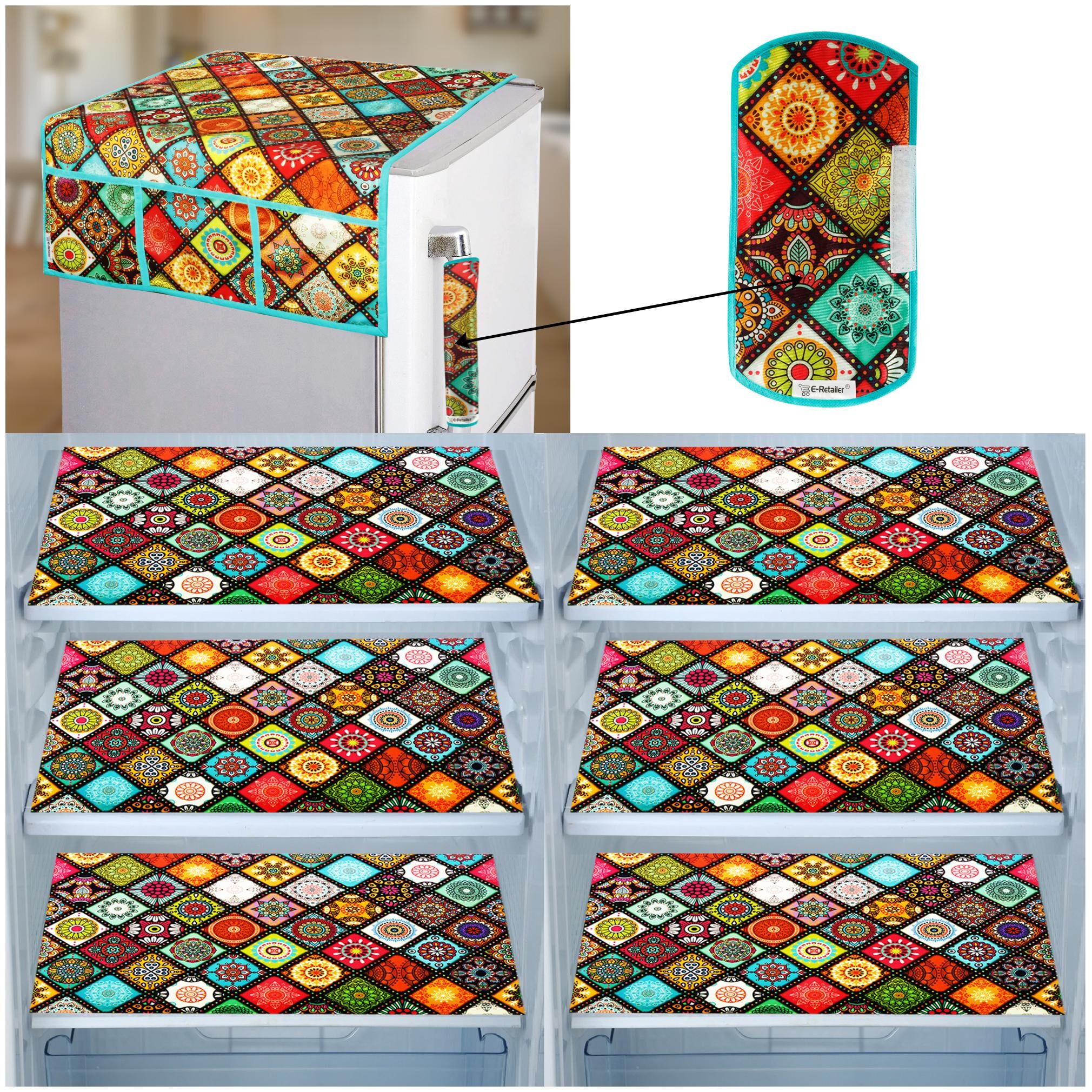 E-Retailer Combo of 1 pc Fridge Top Cover with 6 Utility Pockets 1 pc Fridge Handle Cover and 6 pcs Fridge Mats (Multicolor Set of 8)
E-Retailer Combo of 1 pc Fridge Top Cover with 6 Utility Pockets 1 pc Fridge Handle Cover and 6 pcs Fridge Mats (Multicolor Set of 8)