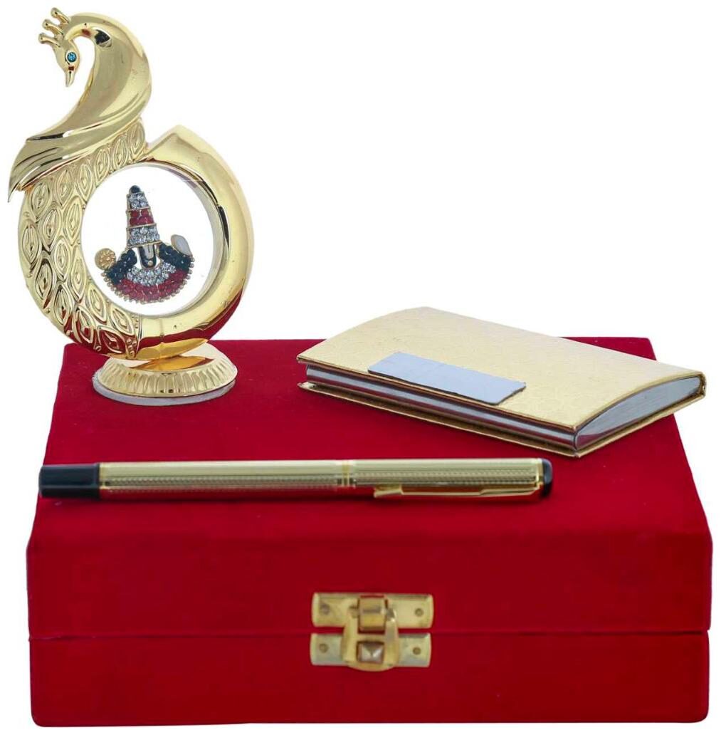 Gold Plated Blue Pen With Business Card Holder And Gold Plated Peacock Shape Tirupati Balaji God Idol Car Dashboard and Home Temple
Gold Plated Blue Pen With Business Card Holder And Gold Plated Peacock Shape Tirupati Balaji God Idol Car Dashboard and Home Temple
