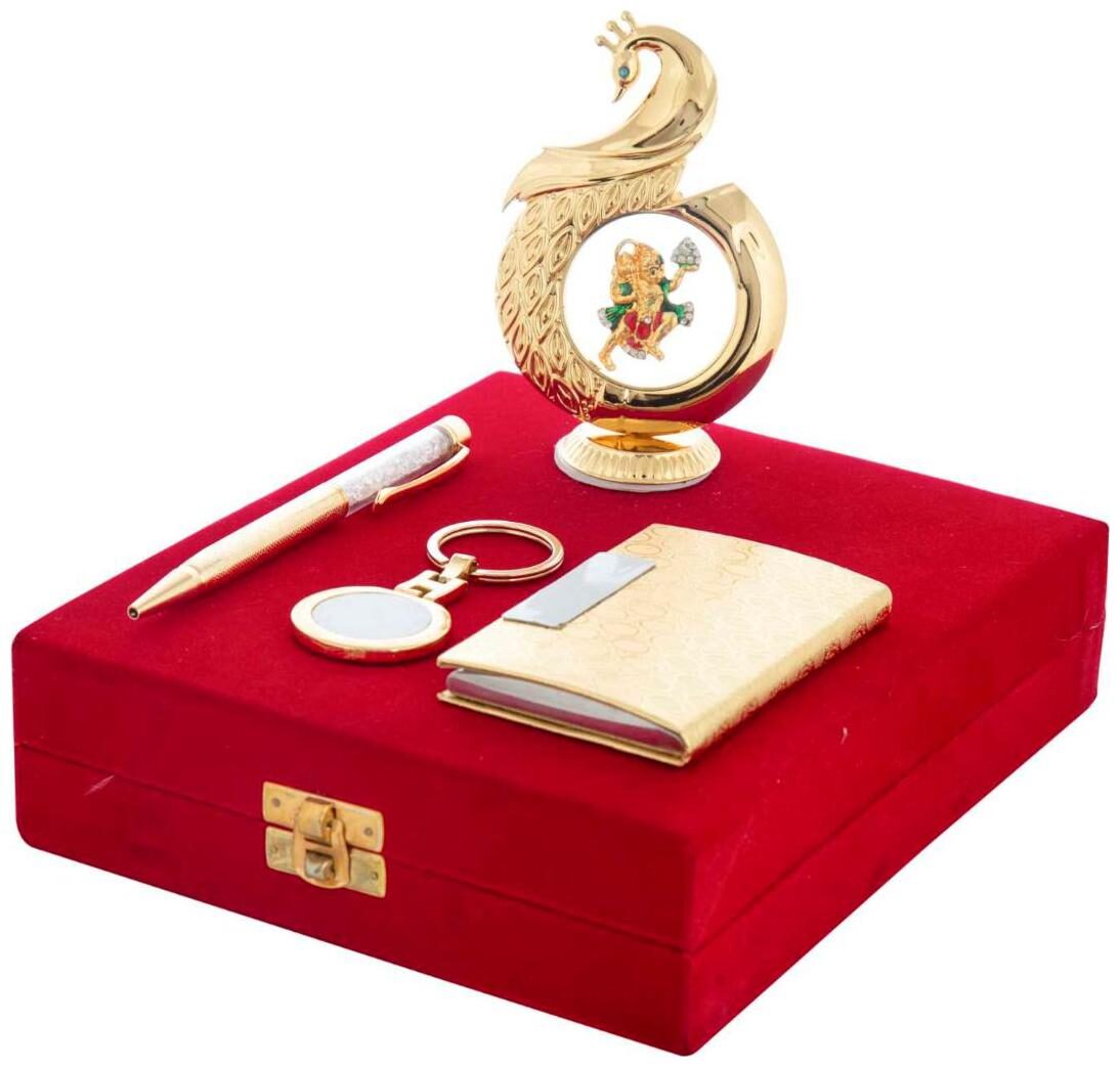 Gold Plated Blue Pen Business Card Holder KeyRing And Peacock Shape Hanuman Ji God Idol Car Dashboard and Home Temple
Gold Plated Blue Pen Business Card Holder KeyRing And Peacock Shape Hanuman Ji God Idol Car Dashboard and Home Temple