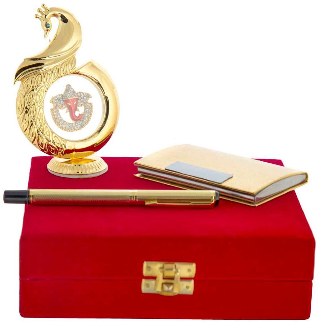 Gold Plated Blue Pen With Business Card Holder And Gold Plated Peacock Shape Ganesh God Idol Car Dashboard and Home Temple
Gold Plated Blue Pen With Business Card Holder And Gold Plated Peacock Shape Ganesh God Idol Car Dashboard and Home Temple
