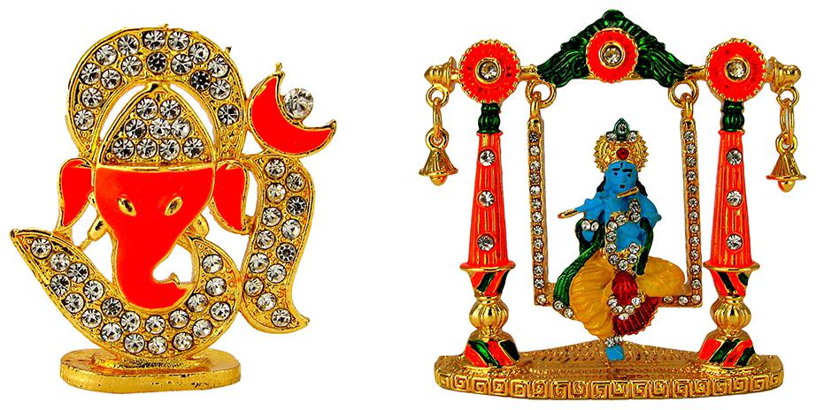 Gold Plated Om with Lord Ganesha Gold Plated Lord Krishna Murlidhar on Swing Electroplated Religious Idol-Statue for Vastu Gift and Car
Gold Plated Om with Lord Ganesha Gold Plated Lord Krishna Murlidhar on Swing Electroplated Religious Idol-Statue for Vastu Gift and Car