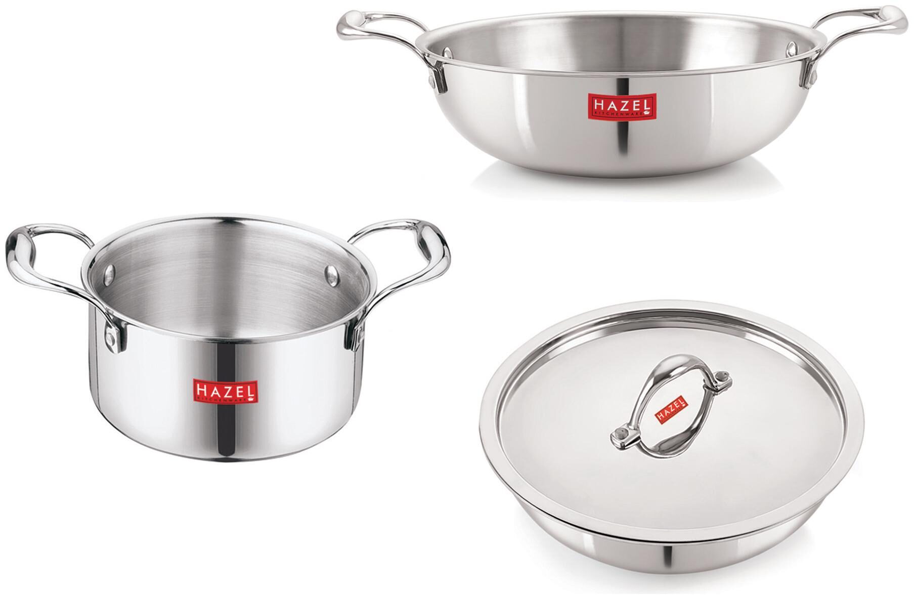 HAZEL Triply Stainless Steel Induction Bottom Tope With Handle 2 3 L Kadhai and Tasra 1 2 L With Stainless Steel Lid 
HAZEL Triply Stainless Steel Induction Bottom Tope With Handle 2 3 L Kadhai and Tasra 1 2 L With Stainless Steel Lid