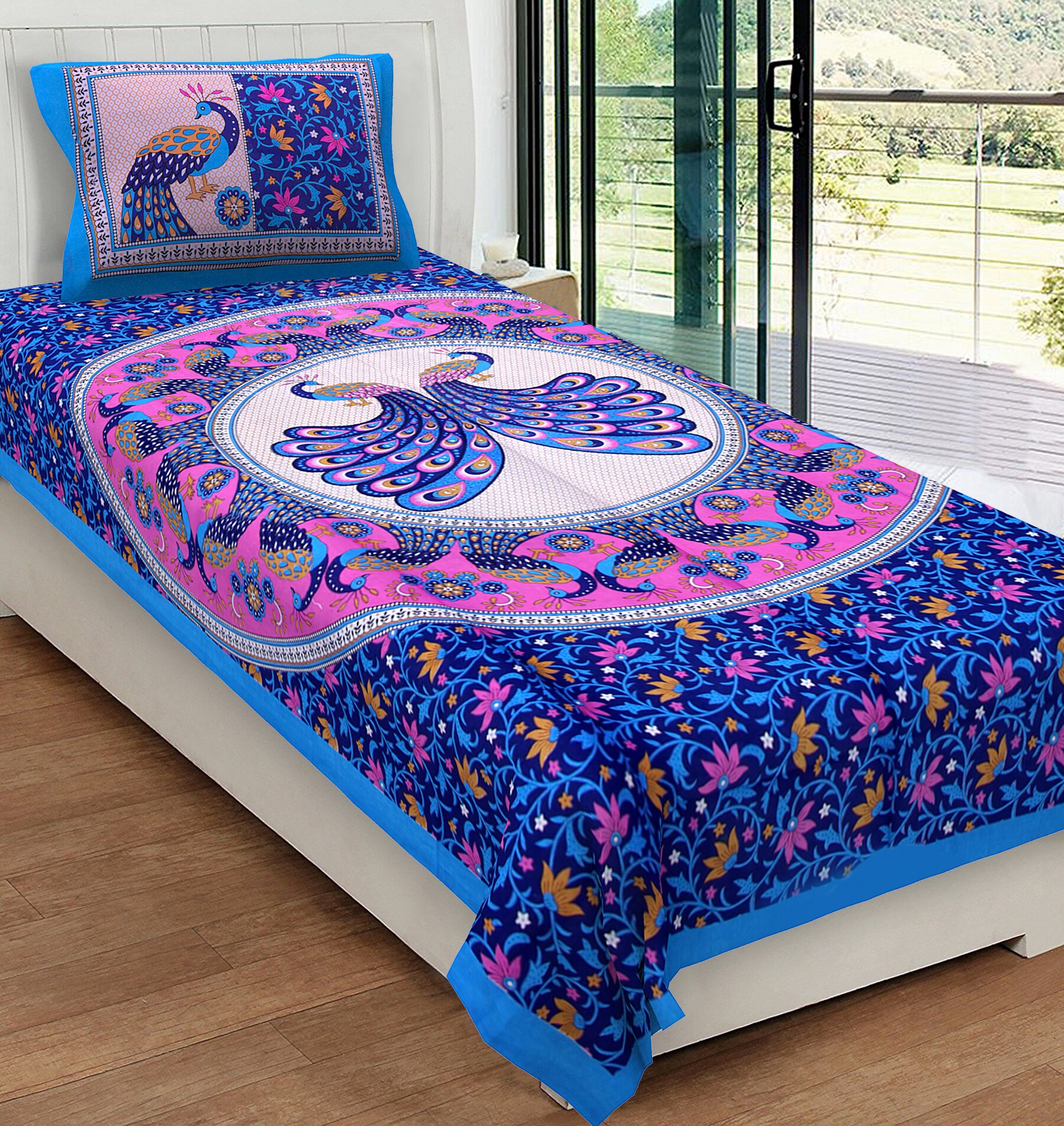 JAIPUR PRIDE Cotton Printed Single Size Bedsheet 104 TC ( 1 Bedsheet With 1 Pillow Covers Blue )
JAIPUR PRIDE Cotton Printed Single Size Bedsheet 104 TC ( 1 Bedsheet With 1 Pillow Covers Blue )