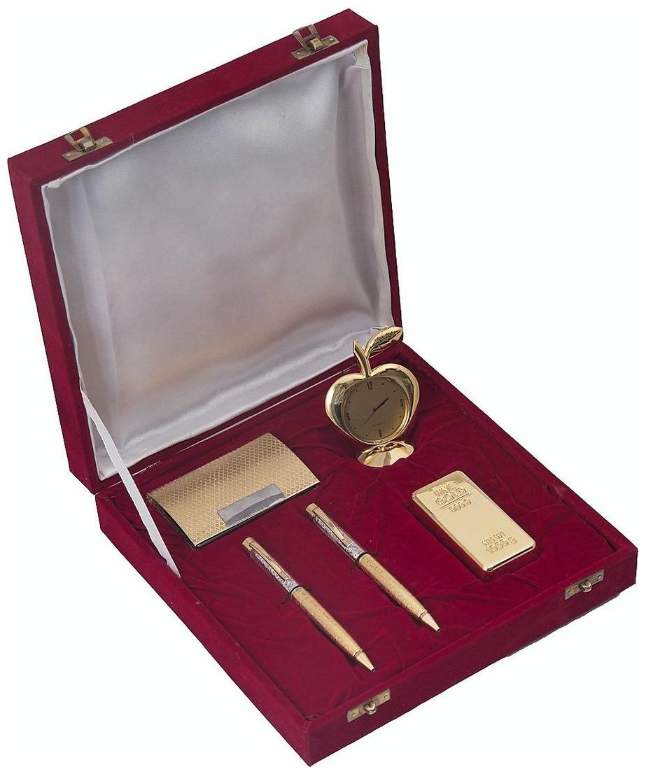 JEWEL FUEL 2 Gold Plated Pen Gold Bar Paper Weight Apple Table Clock And Visiting Card Holder Gift Set
JEWEL FUEL 2 Gold Plated Pen Gold Bar Paper Weight Apple Table Clock And Visiting Card Holder Gift Set