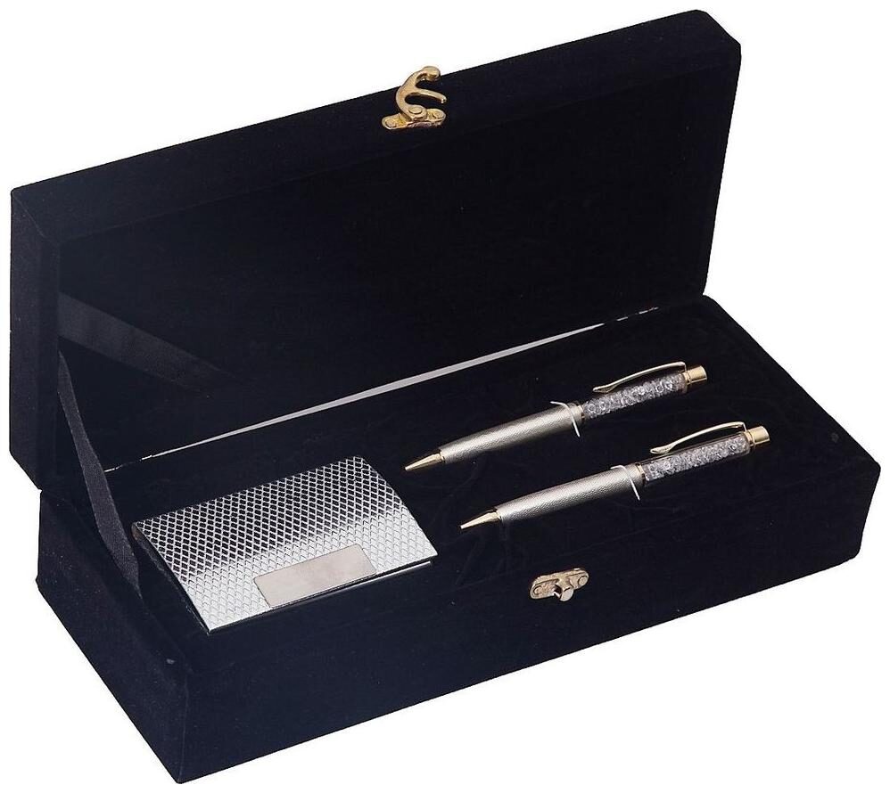JEWEL FUEL German Silver Crystal Filled 2 Ball Pen And Silver Plated Visiting Card Holder Gift Set
JEWEL FUEL German Silver Crystal Filled 2 Ball Pen And Silver Plated Visiting Card Holder Gift Set