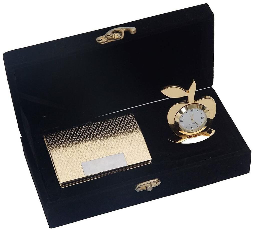JEWEL FUEL Gold Plated Visiting Card Holder And Gold Plated Apple Table Clock Gift Set
JEWEL FUEL Gold Plated Visiting Card Holder And Gold Plated Apple Table Clock Gift Set