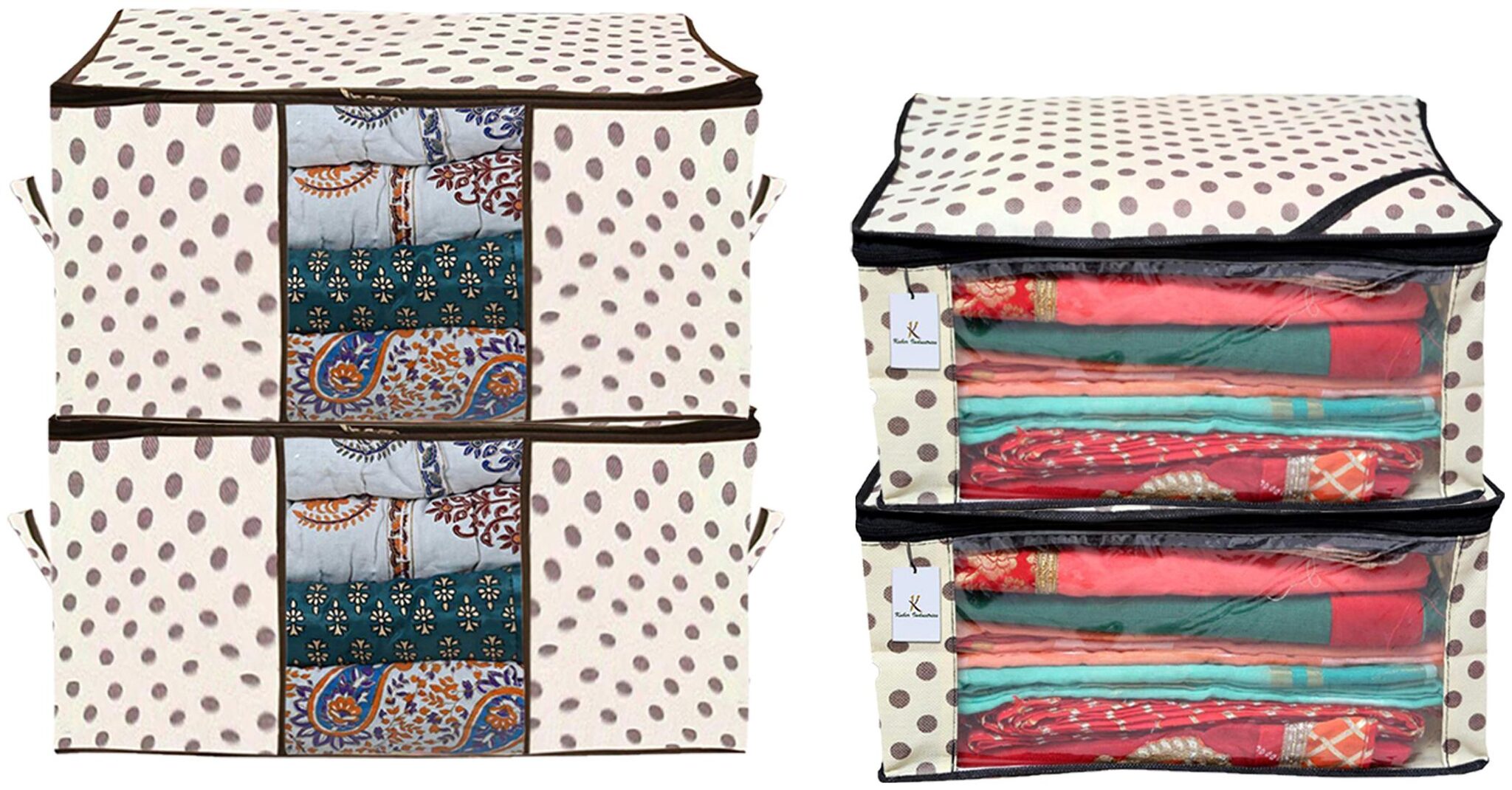 Kuber Industries Polka Dots Printed Non Woven 2 pcs Saree Cover And 2 pcs Underbed Storage Bag Cloth Organizer For Storage Blanket Cover Combo Set (Ivory) - CTHH18026 
Kuber Industries Polka Dots Printed Non Woven 2 pcs Saree Cover And 2 pcs Underbed Storage Bag Cloth Organizer For Storage Blanket Cover Combo Set (Ivory) - CTHH18026