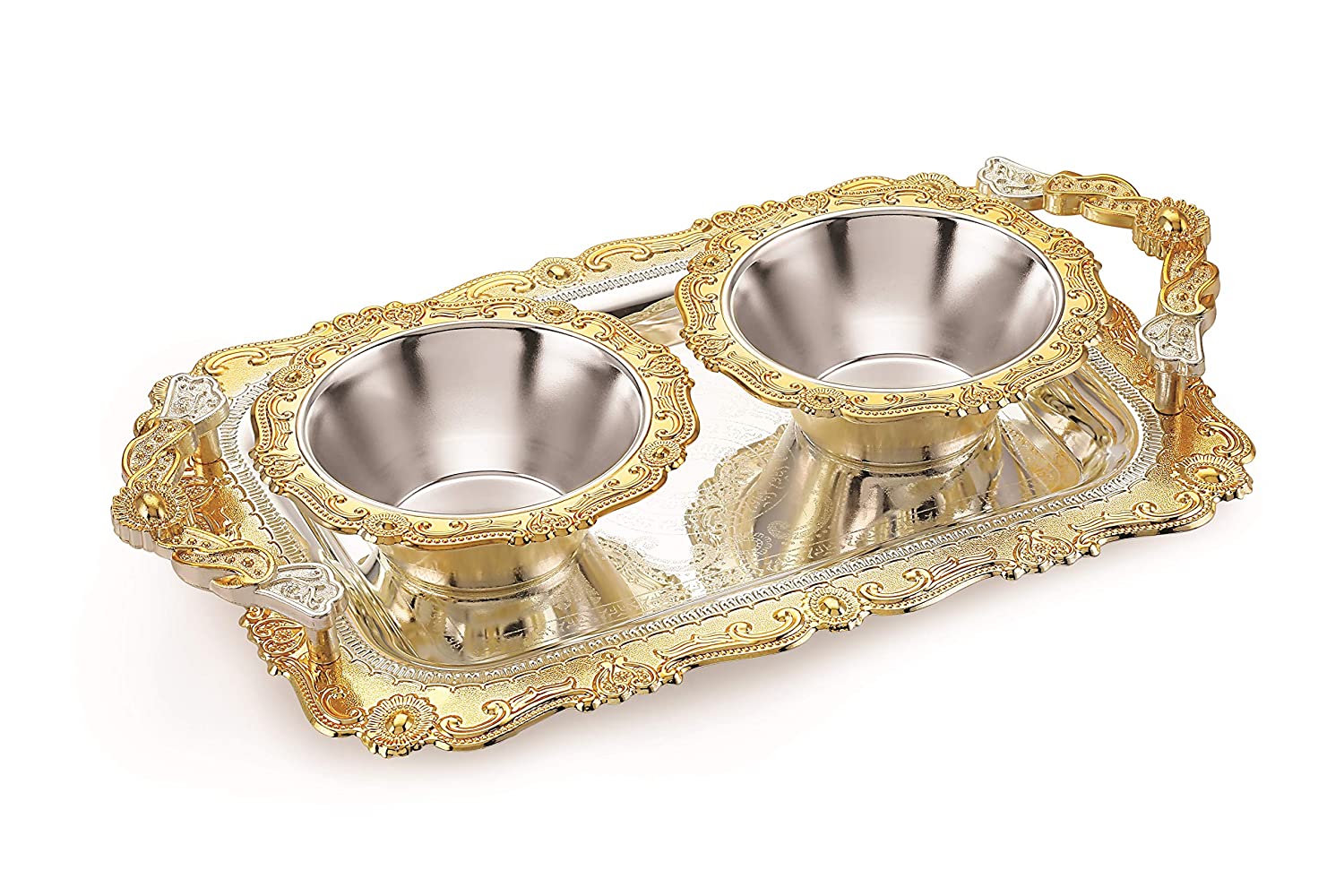 Lacuzini Gold Silver Finish Stainless Steel Tray 2 Gold Silver Finish S S Bowls Set in Gold Box Packaging
Lacuzini Gold Silver Finish Stainless Steel Tray 2 Gold Silver Finish S S Bowls Set in Gold Box Packaging