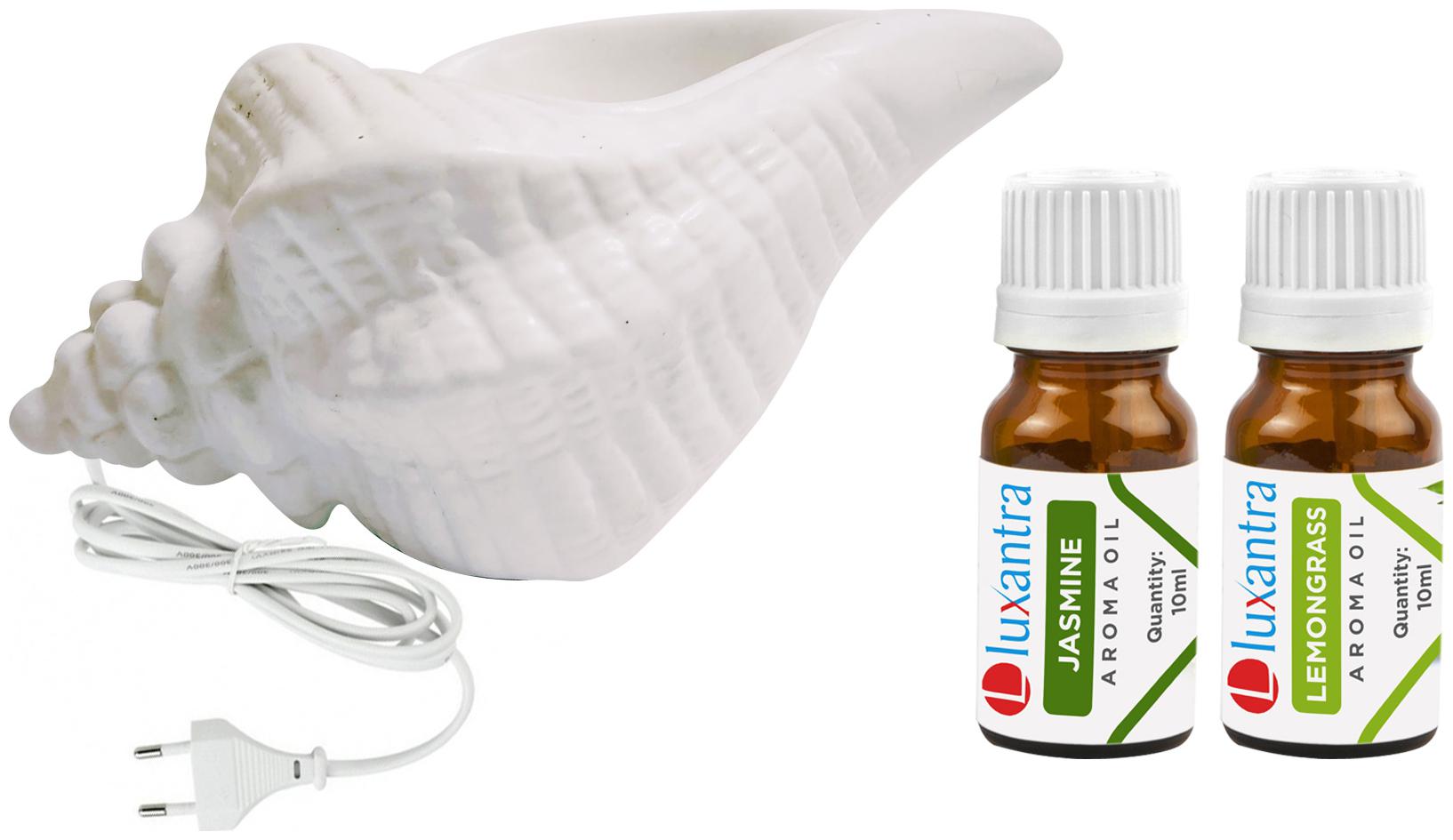 Luxantra White Ceramic Electric Shankh Aroma Diffuser with Jasmine Lemongrass Aroma Oil 10ml Each for Home Office hotel 20x11x11cm
Luxantra White Ceramic Electric Shankh Aroma Diffuser with Jasmine Lemongrass Aroma Oil 10ml Each for Home Office hotel 20x11x11cm