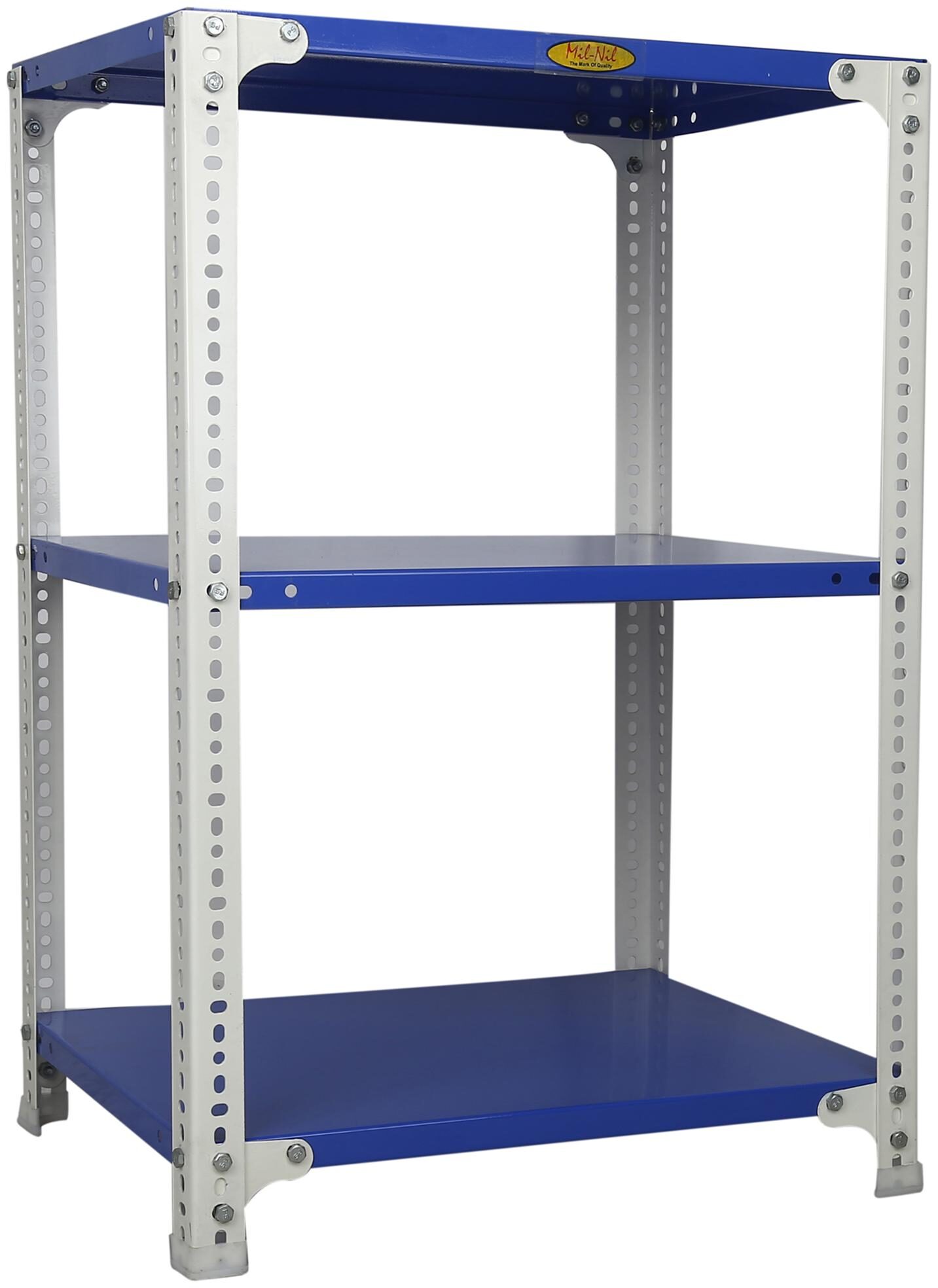 Mil-Nil Prime CRC Sheet 3 Shelf Multipurpose Slotted Angle Rack 36 x 24 x 18 Inch (Blue-White) Powder Coating
Mil-Nil Prime CRC Sheet 3 Shelf Multipurpose Slotted Angle Rack 36 x 24 x 18 Inch (Blue-White) Powder Coating