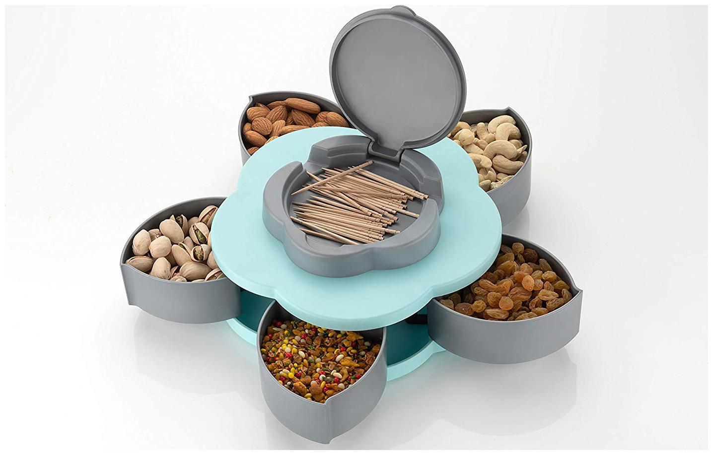 PAM 5 Compartments Flower Candy Box Serving Rotating Tray Dry Fruit Candy Chocolate Snacks Storage Box Masala Box for Home Kitchen (Navy Blue)
PAM 5 Compartments Flower Candy Box Serving Rotating Tray Dry Fruit Candy Chocolate Snacks Storage Box Masala Box for Home Kitchen (Navy Blue)