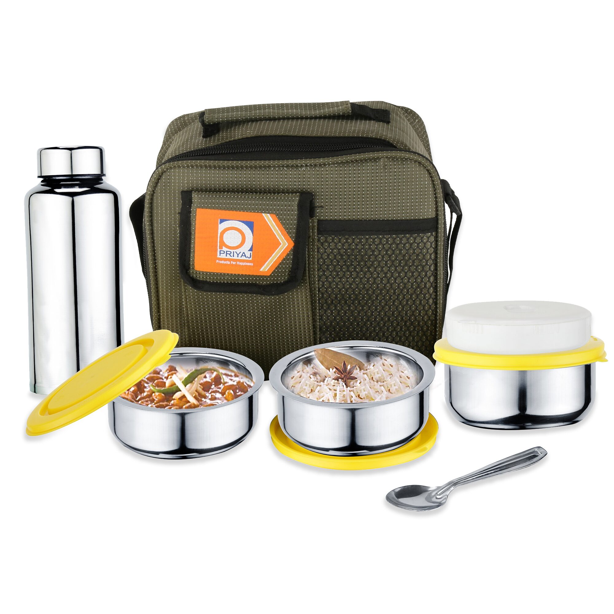 Priyaj Stainless Steel Lunch Box Set Tiffny Hot Series 3 Containers (225ml each) 600ml Steel Bottle spoon with Thermoware bag
Priyaj Stainless Steel Lunch Box Set Tiffny Hot Series 3 Containers (225ml each) 600ml Steel Bottle spoon with Thermoware bag
