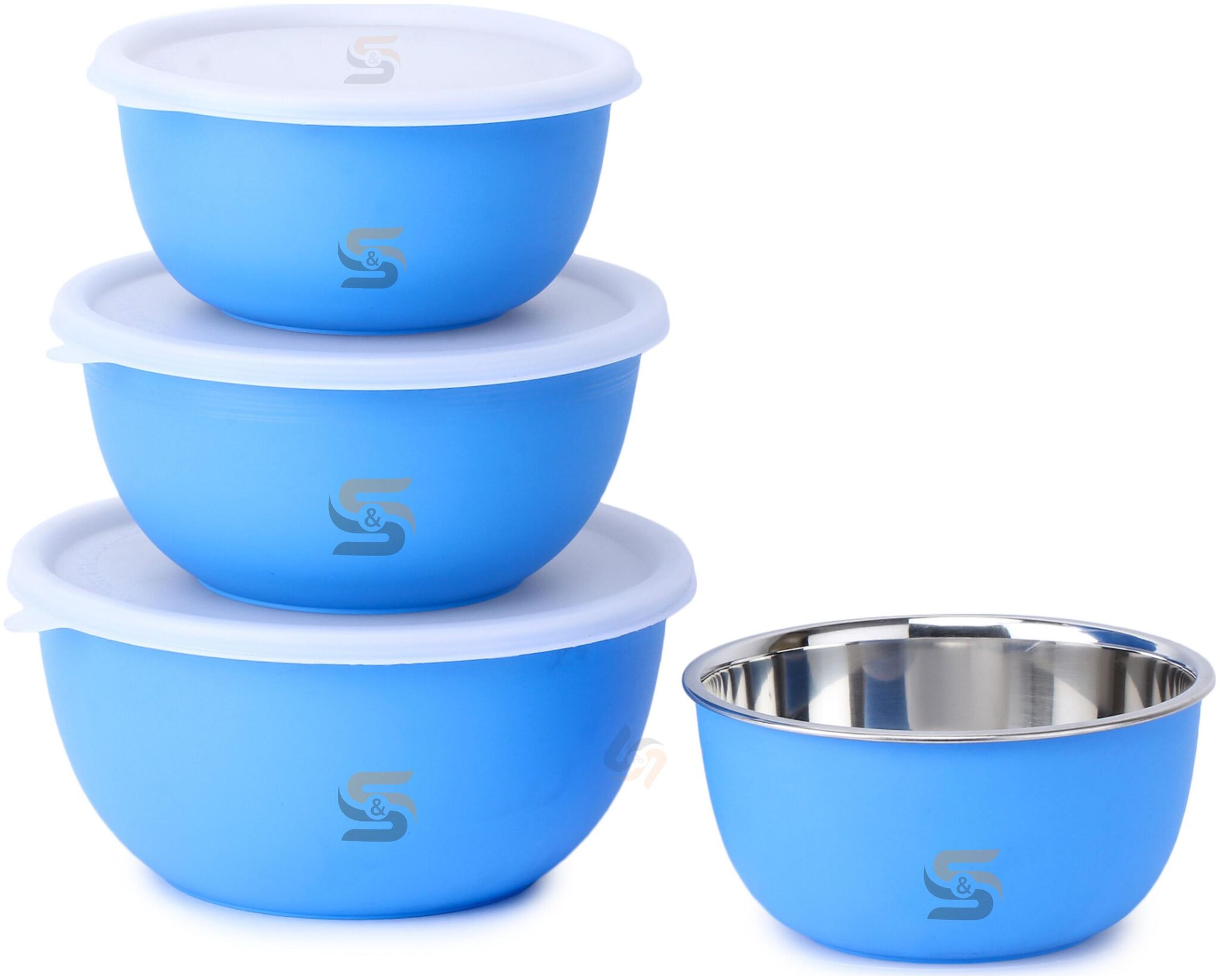 S S Microwave Safe Stainless Steel Plastic Coated Euro Bowl Set of 4 with Lid (500 800 1200 1700ml) Blue 
S S Microwave Safe Stainless Steel Plastic Coated Euro Bowl Set of 4 with Lid (500 800 1200 1700ml) Blue