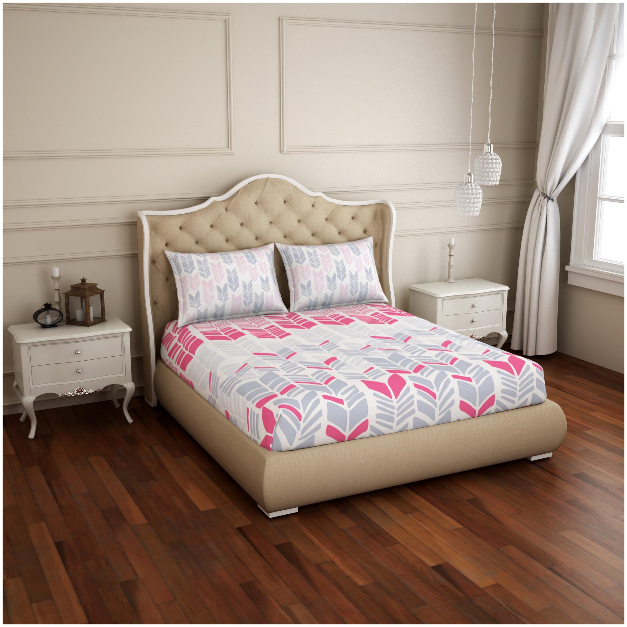 Spaces Cotton Geometric Double Size Bedsheet 210 TC ( 1 Bedsheet With 2 Pillow Covers Grey Pink )
Spaces Cotton Geometric Double Size Bedsheet 210 TC ( 1 Bedsheet With 2 Pillow Covers Grey Pink )