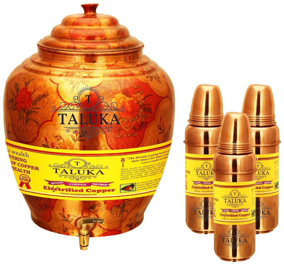 Taluka Apple Design Pure Copper Water Pot Dispenser Matka Water Tank Water Storage Capacity - 16 L Weight - 1600 g Set With 3 Copper Water Bottle 800 ml Each Bottle
Taluka Apple Design Pure Copper Water Pot Dispenser Matka Water Tank Water Storage Capacity - 16 L Weight - 1600 g Set With 3 Copper Water Bottle 800 ml Each Bottle