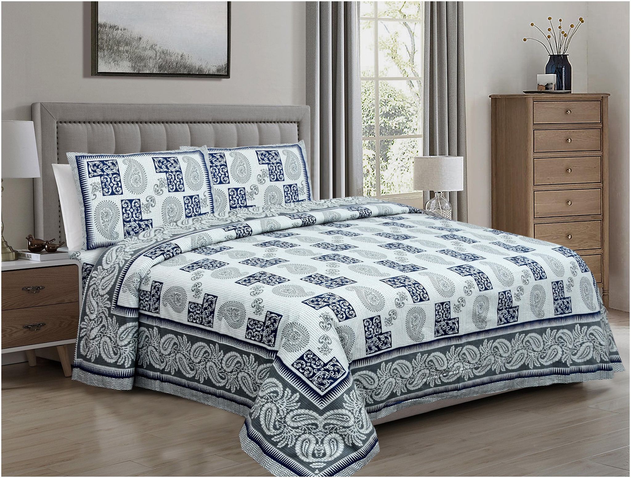 TEXSTYLERS Cotton Printed King Size Bedsheet 240 TC ( 1 Bedsheet With 2 Pillow Covers Multi )
TEXSTYLERS Cotton Printed King Size Bedsheet 240 TC ( 1 Bedsheet With 2 Pillow Covers Multi )