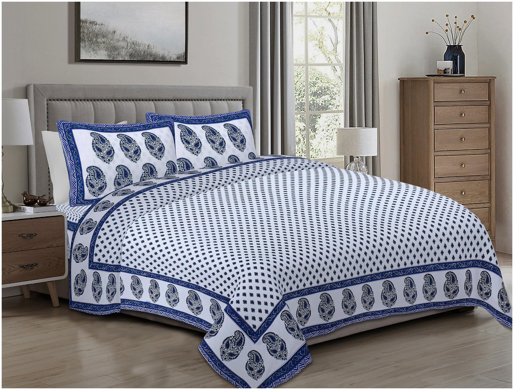 TEXSTYLERS Cotton Floral King Size Bedsheet 220 TC ( 1 Bedsheet With 2 Pillow Covers Blue )
TEXSTYLERS Cotton Floral King Size Bedsheet 220 TC ( 1 Bedsheet With 2 Pillow Covers Blue )