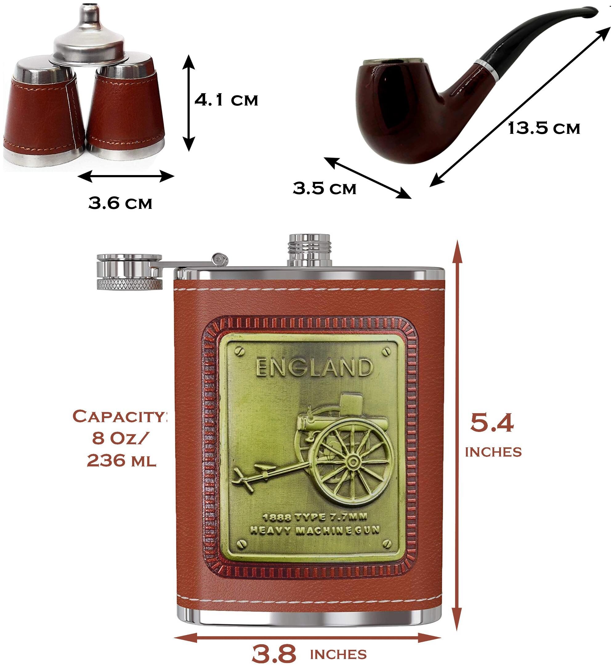 Triangle Ant 1149 ENGLAND Brown Hip Flask Stainless Steel With 1 Cigar 2 Glasses 1 Funnel For Alcohol Drinking Whisky -236 ML
Triangle Ant 1149 ENGLAND Brown Hip Flask Stainless Steel With 1 Cigar 2 Glasses 1 Funnel For Alcohol Drinking Whisky -236 ML