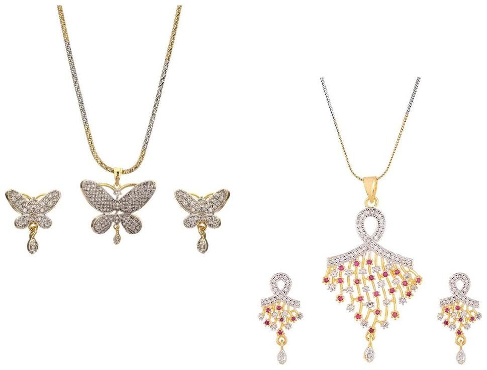 Aabhu Gold Plated American Diamond Combo of 2 Fancy Pendant Set Necklace With Earrings Jewellery For Women And Girls 
Aabhu Gold Plated American Diamond Combo of 2 Fancy Pendant Set Necklace With Earrings Jewellery For Women And Girls